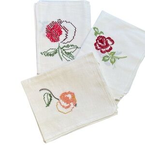 Vintage Flour Sack Kitchen Towels Set of 3 Embroidered Cotton Linens Cottagecore